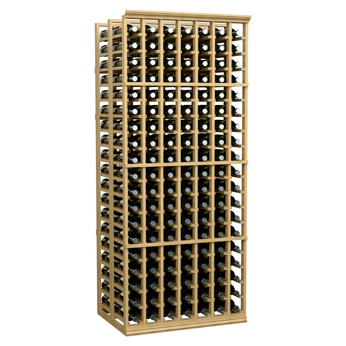 Light wood 7-column double deep wine rack holding bottles in stacked rows