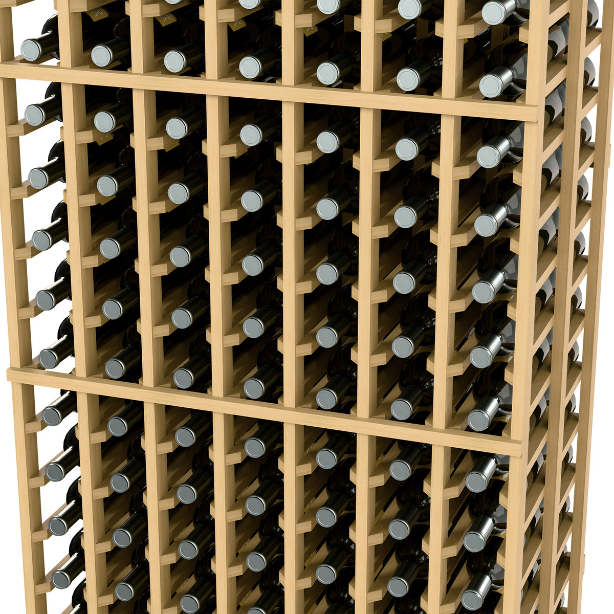 Close-up of light wood 7-column double deep wine rack with bottle caps visible
