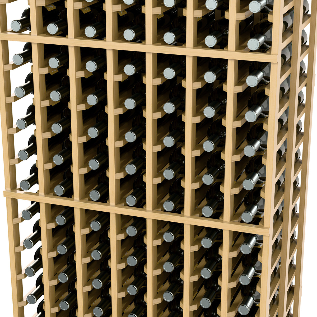 Close-up of light wood double deep wine rack showing bottles in organized slots