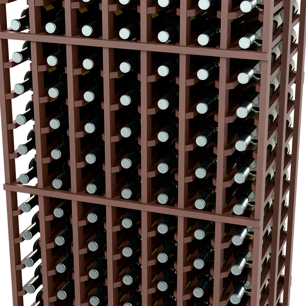 Close-up of dark brown double deep wine rack with wine bottles in compartment grid
