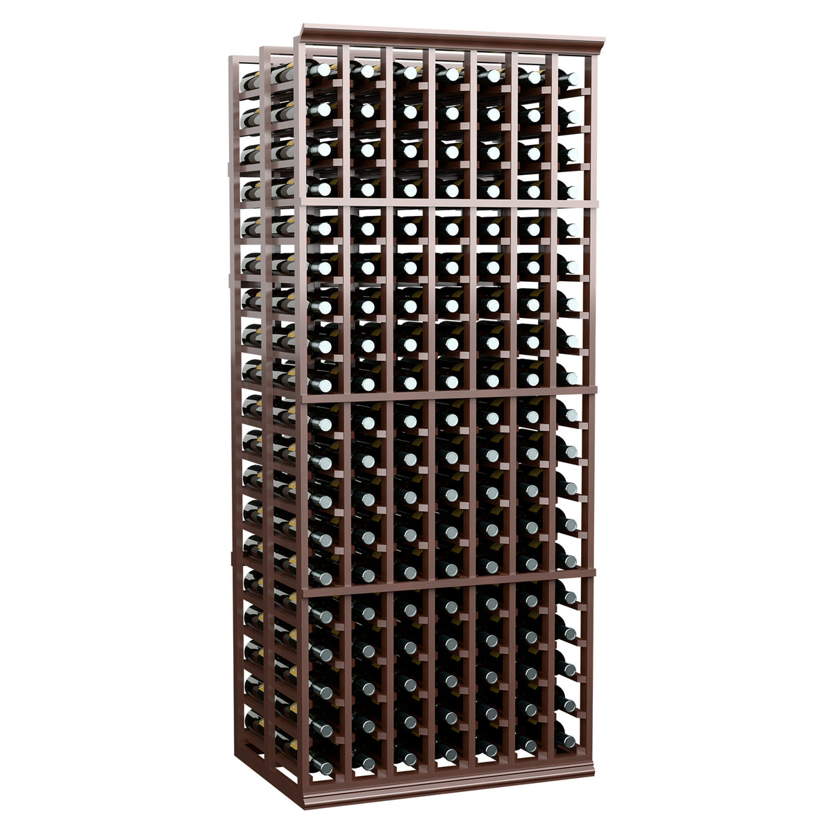 Two-deep wine rack, 7 columns, dark wood frame with bottles in slots