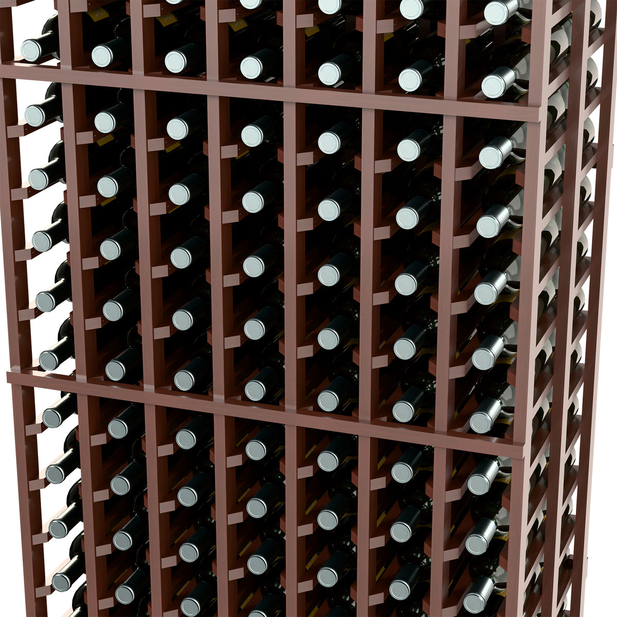 Close-up of two-deep wine rack: 7 columns of bottle holders in dark wood
