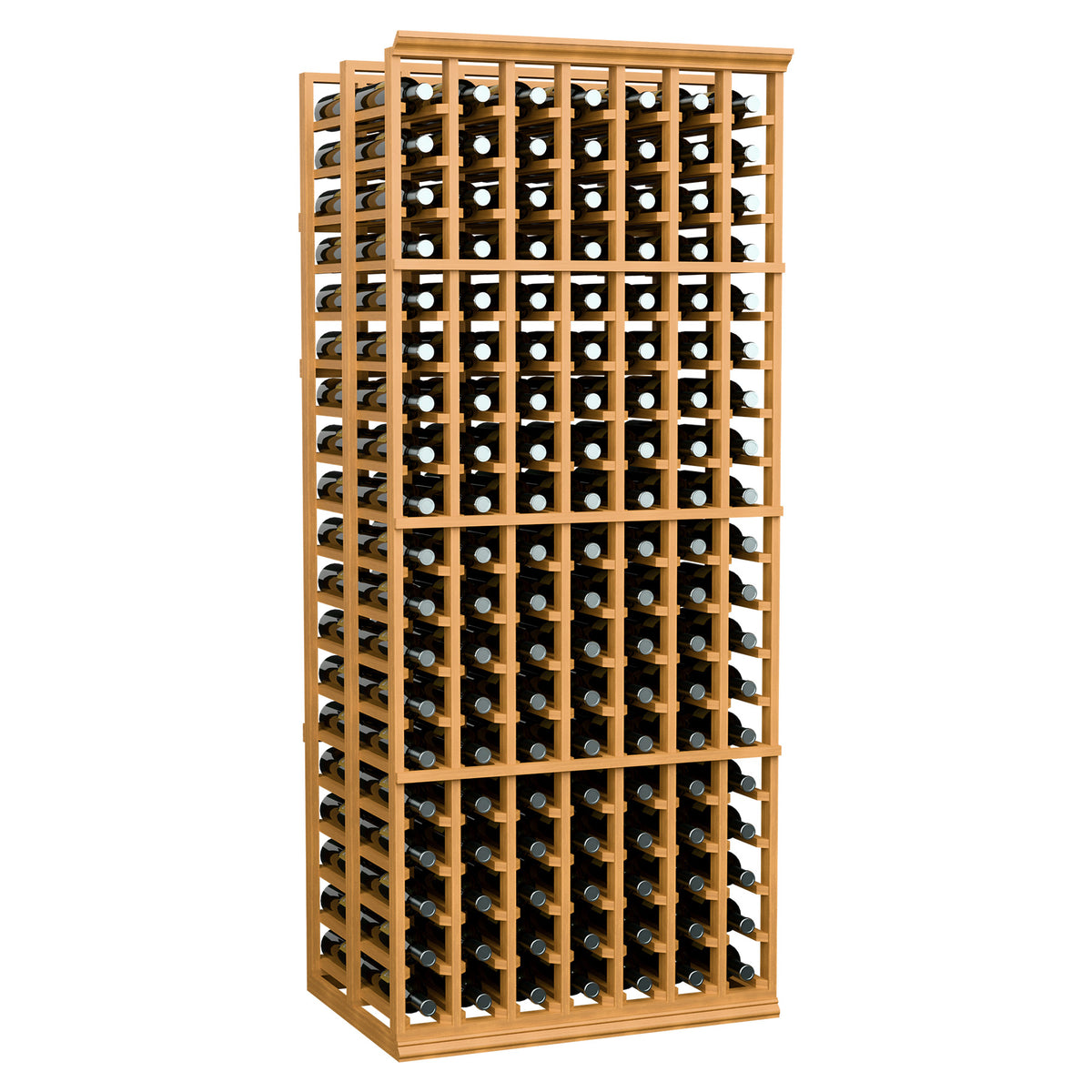 Two-deep wine rack, 7 columns, light wood frame with bottles in slots