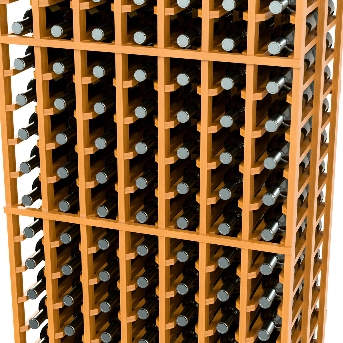 Close-up: 7-column two-deep wine rack, light wood frame and bottle holders
