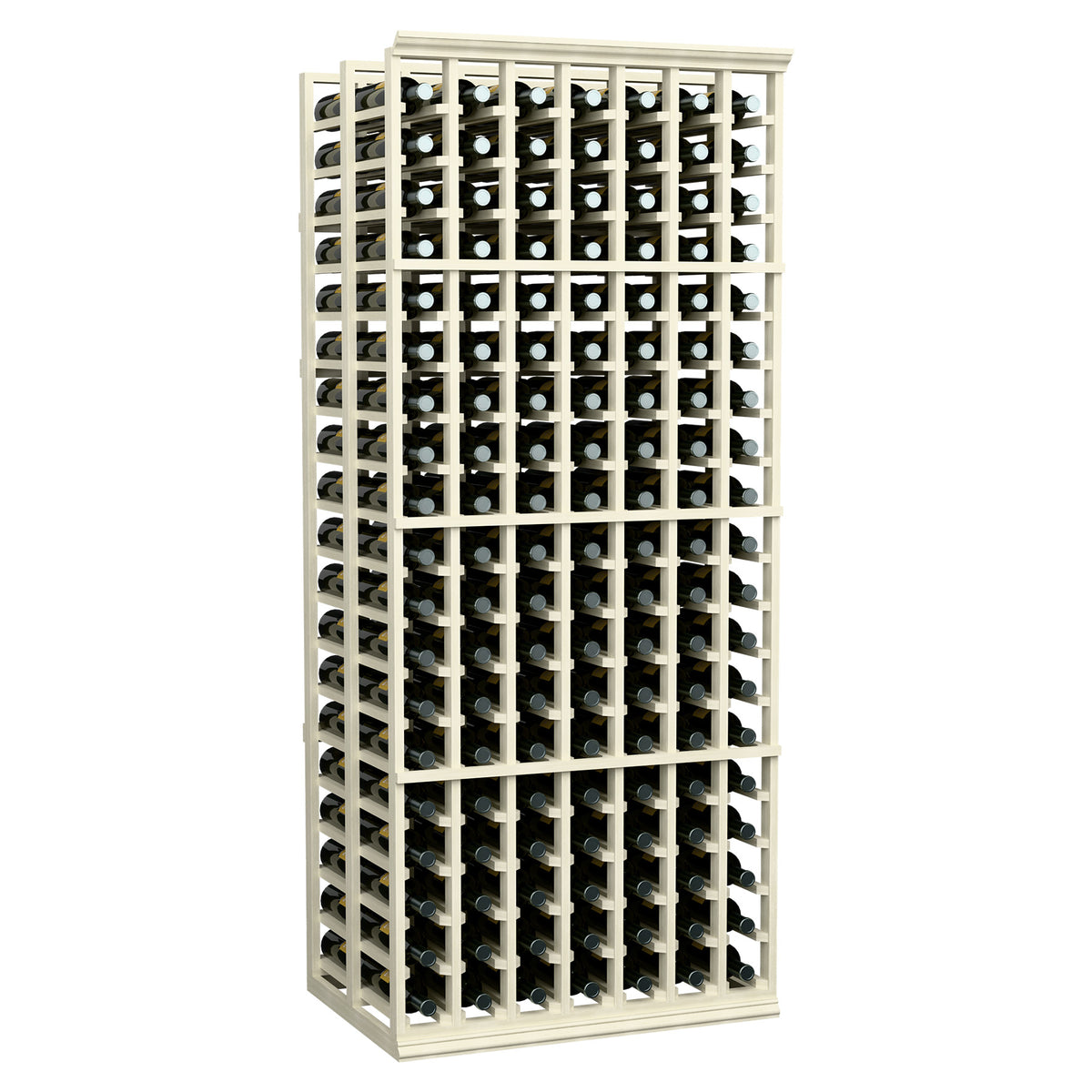 Two-deep wine rack, 7 columns, whitewashed wood frame with bottles in slots