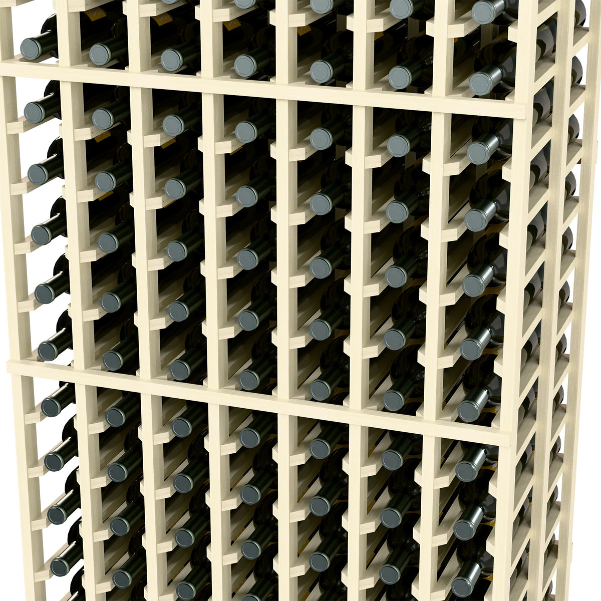 Close-up of white wine rack: two-deep 7-column bottle holders