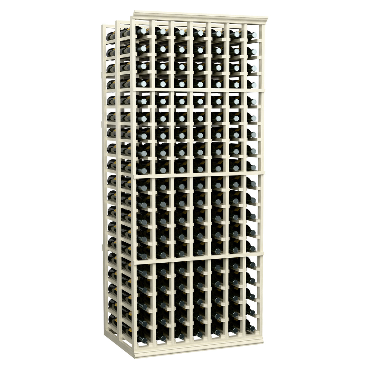 7-column two-deep wine rack, whitewashed frame with bottles in storage slots