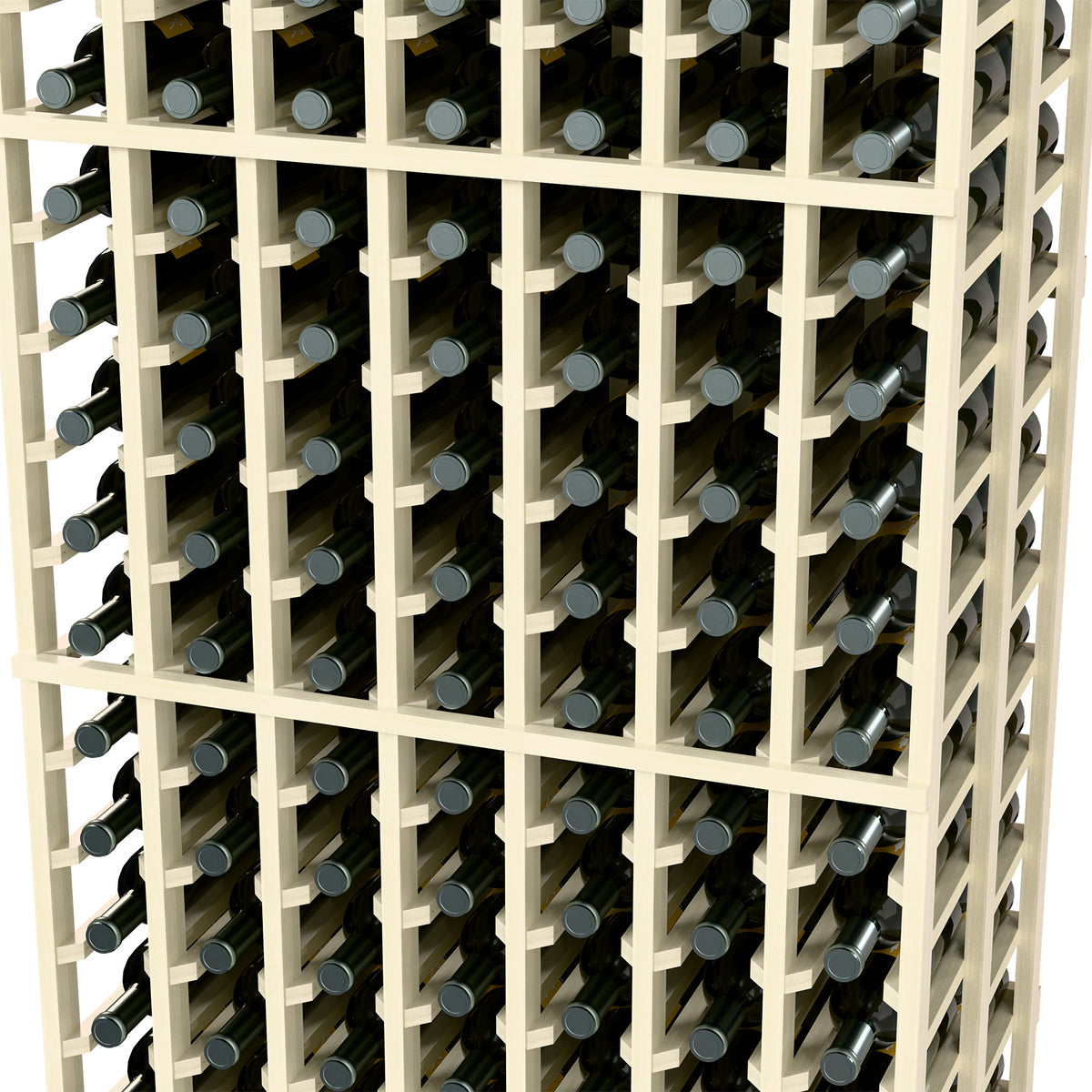Close-up of two-deep 7-column wine rack, whitewashed wood bottle holders
