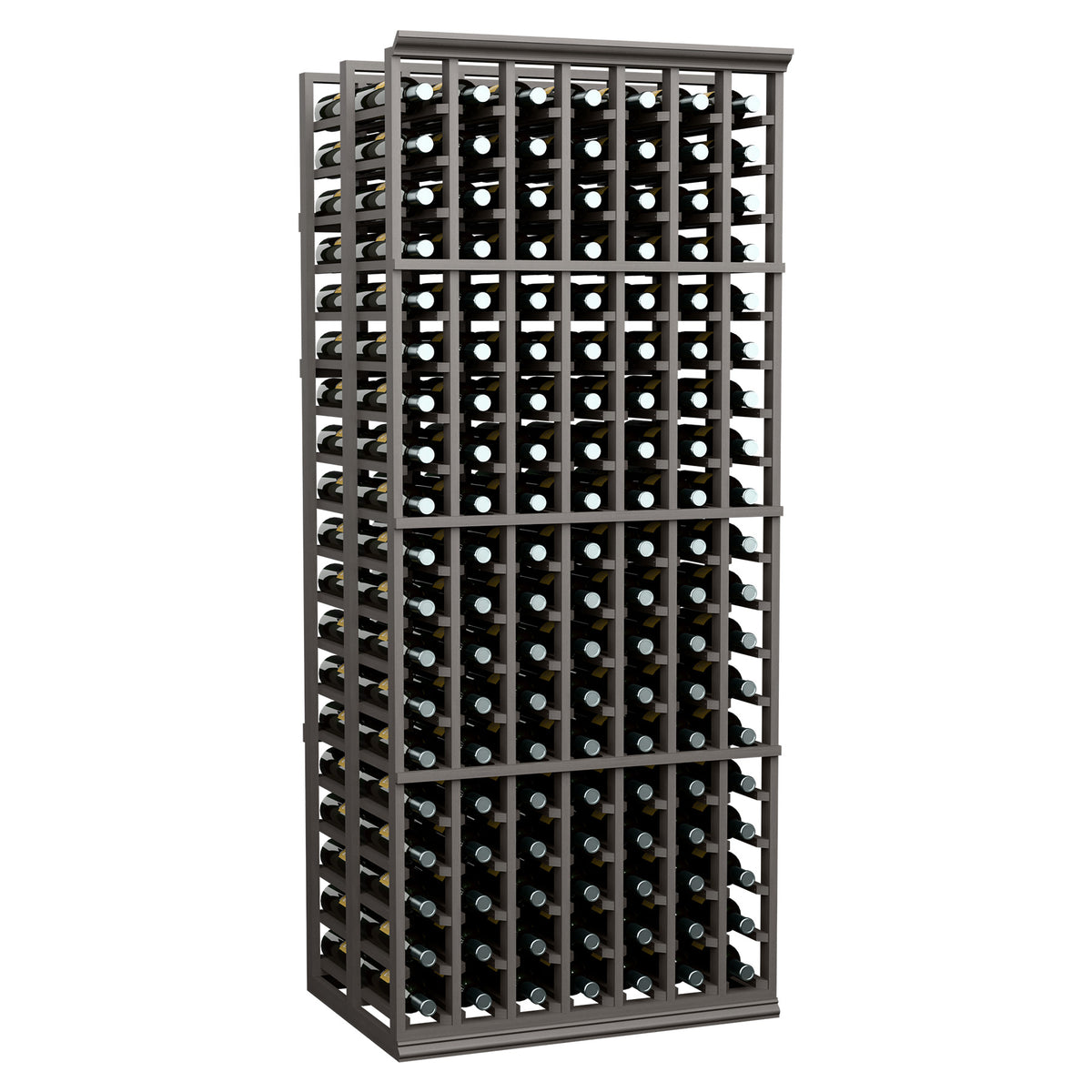 Wine bottle rack with 2-tier double-deep grid, dark metal frame and standing bottles