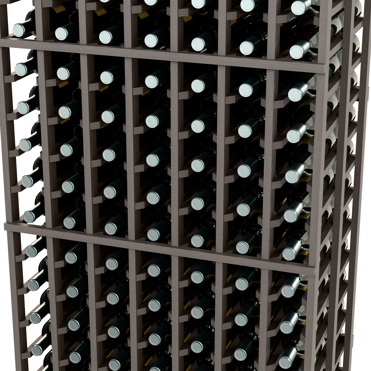 Close-up wine bottle rack cells with dark frame and standing bottles