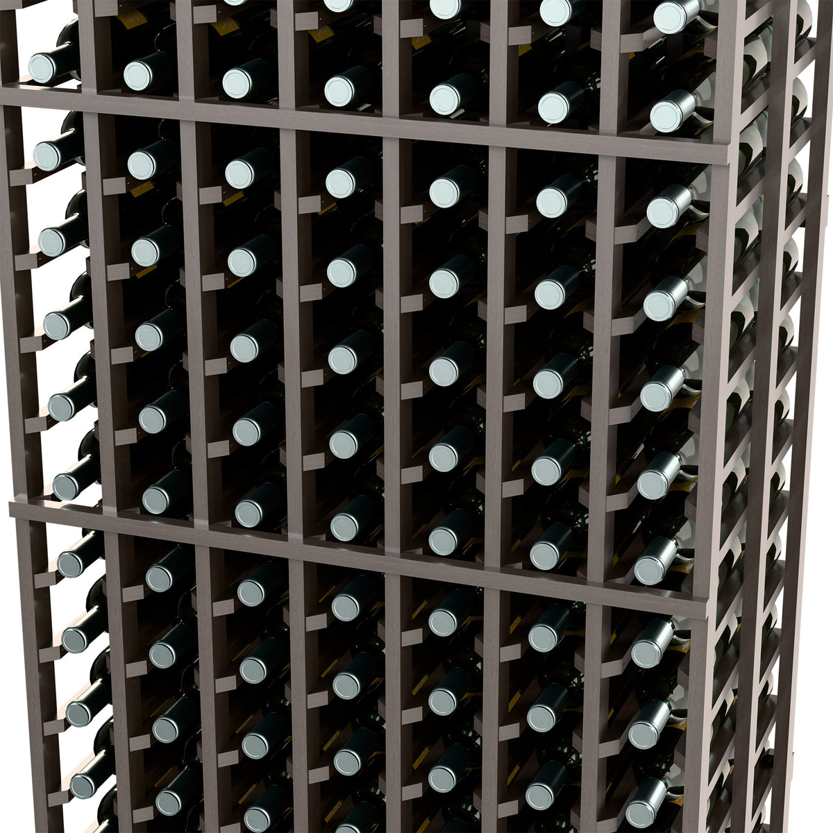 Wine bottle rack close-up showing dark grid and bottle necks in each compartment