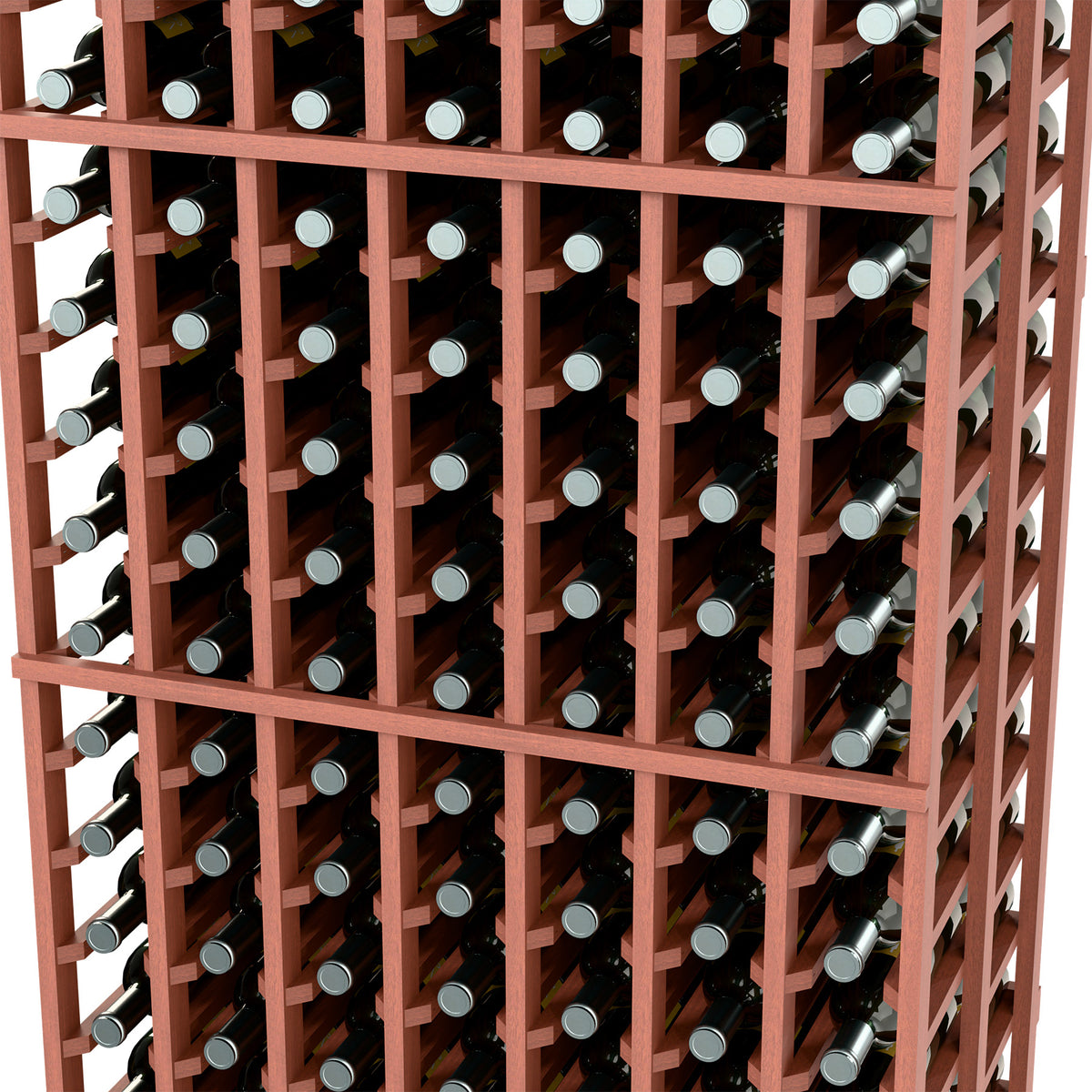 Close-up wine rack grid with reddish frame and bottles standing in slots