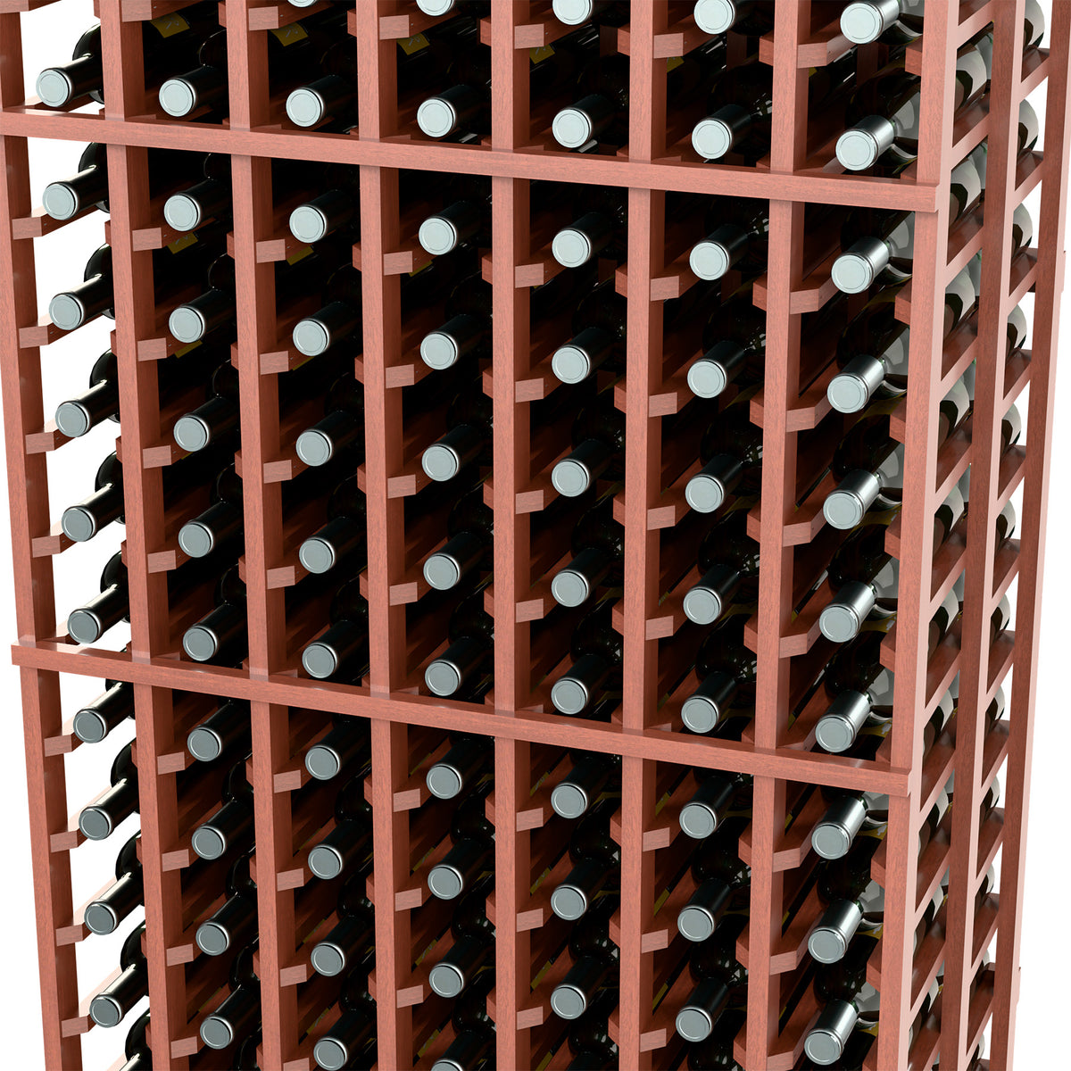 Wine rack close-up showing reddish grid and bottle tops in each compartment