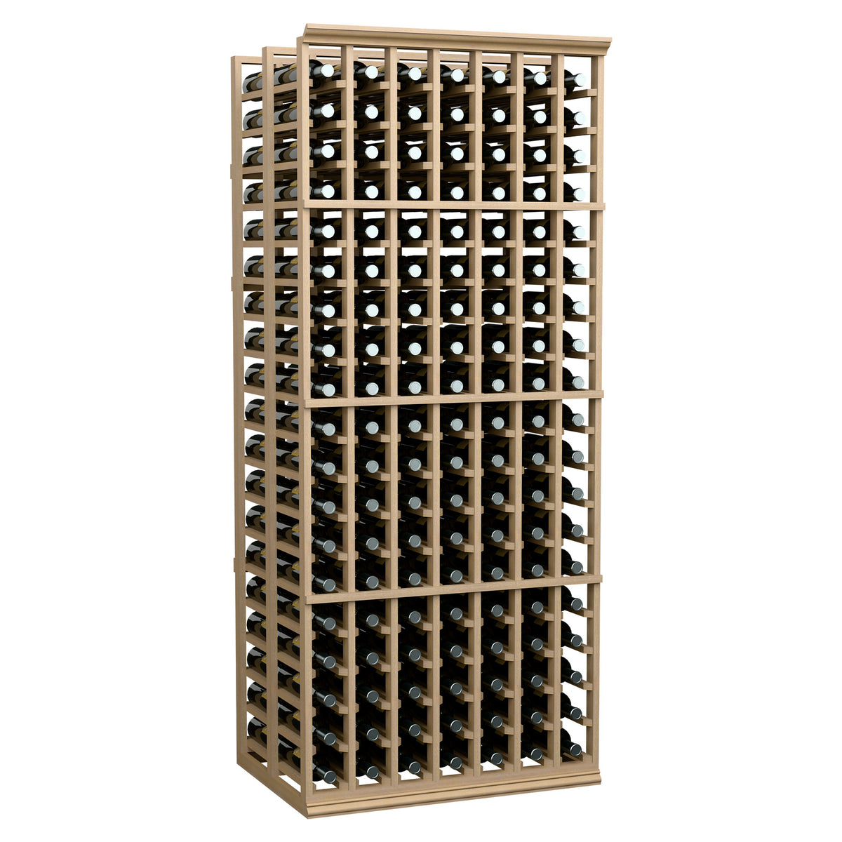 Wine bottle rack with light wood frame and rows of standing bottles