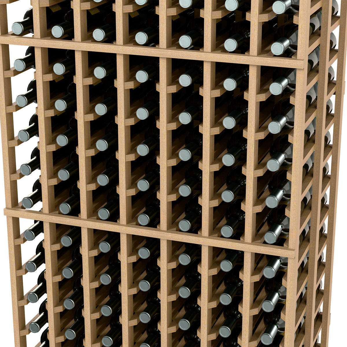 Wine bottle rack close-up with light wood grid and standing bottles in slots