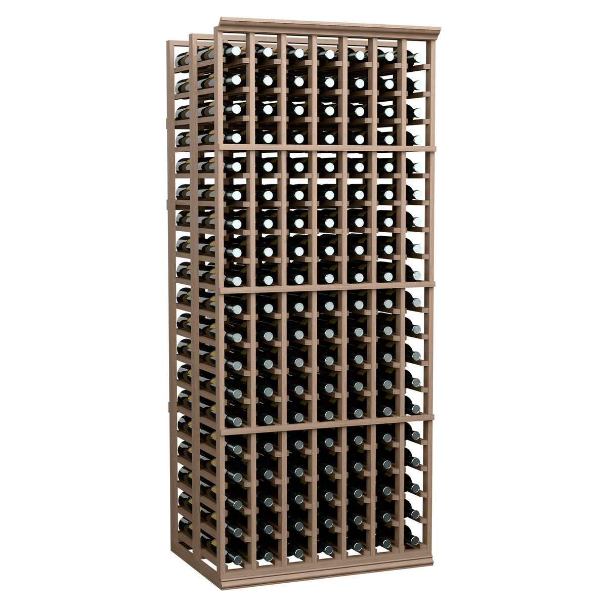 Natural wood double-deep wine bottle rack with multiple columns and bottle rows.