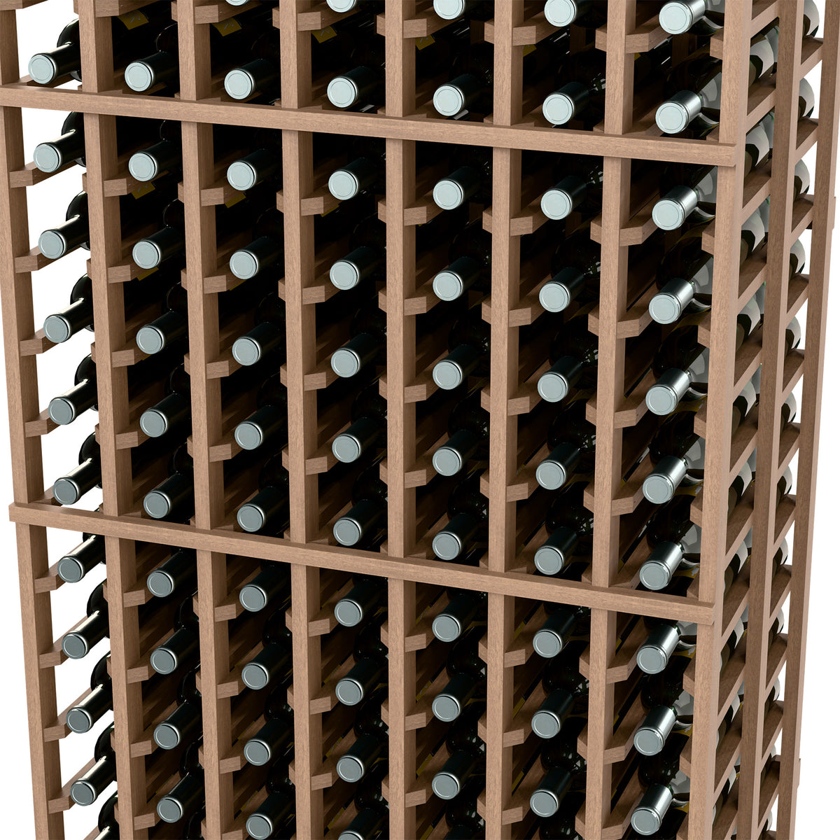 Natural wood wine rack close-up with bottle necks visible in the slots.