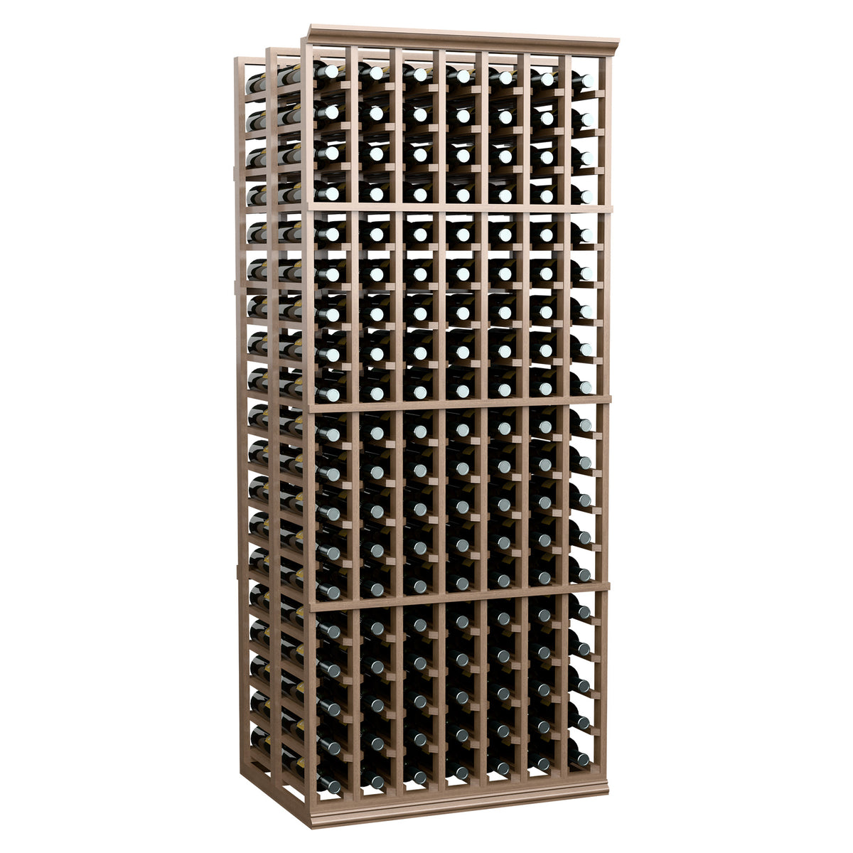 Natural wood wine bottle storage rack with front grid and neatly arranged bottles.
