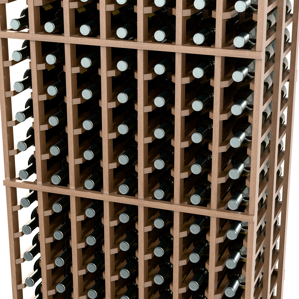 Natural wood wine rack close-up showing bottle bottles in stacked slot rows.