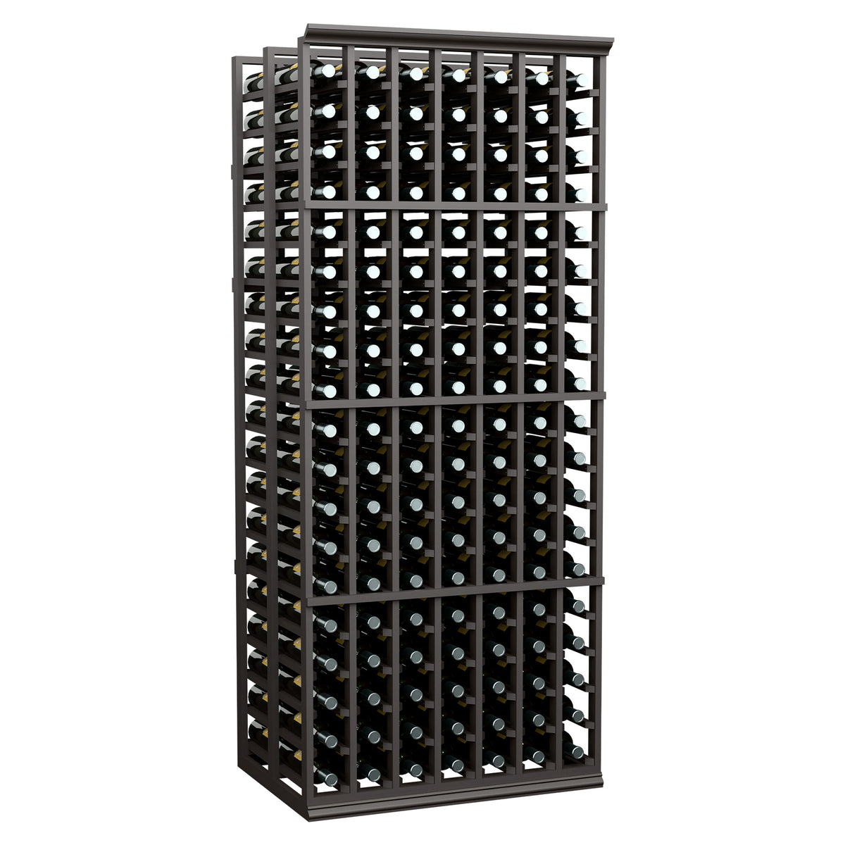 Dark wood wine bottle storage rack with front grid shelves and multiple bottle columns.