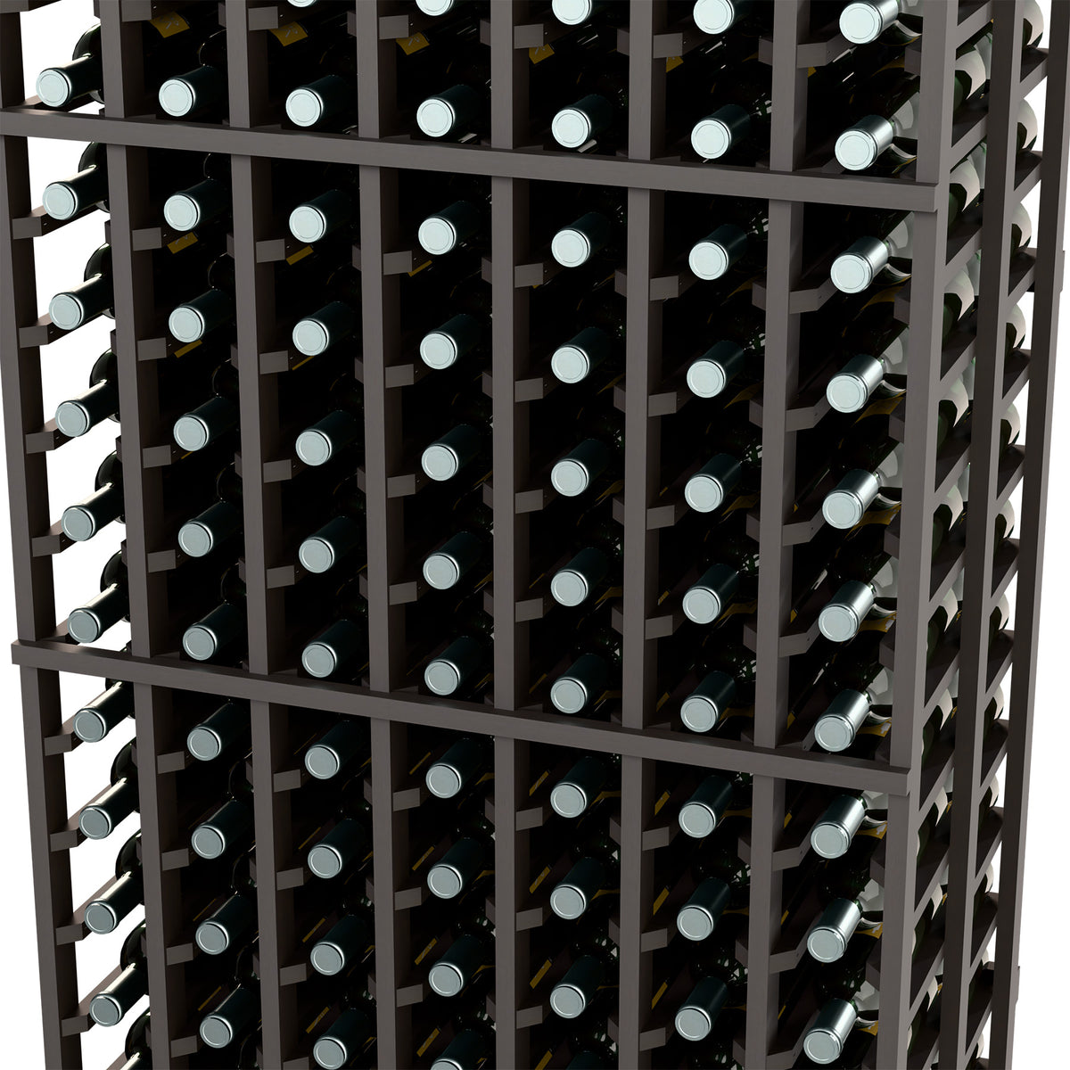 Dark wood wine rack close-up showing bottle slots and repeating metal-like supports.