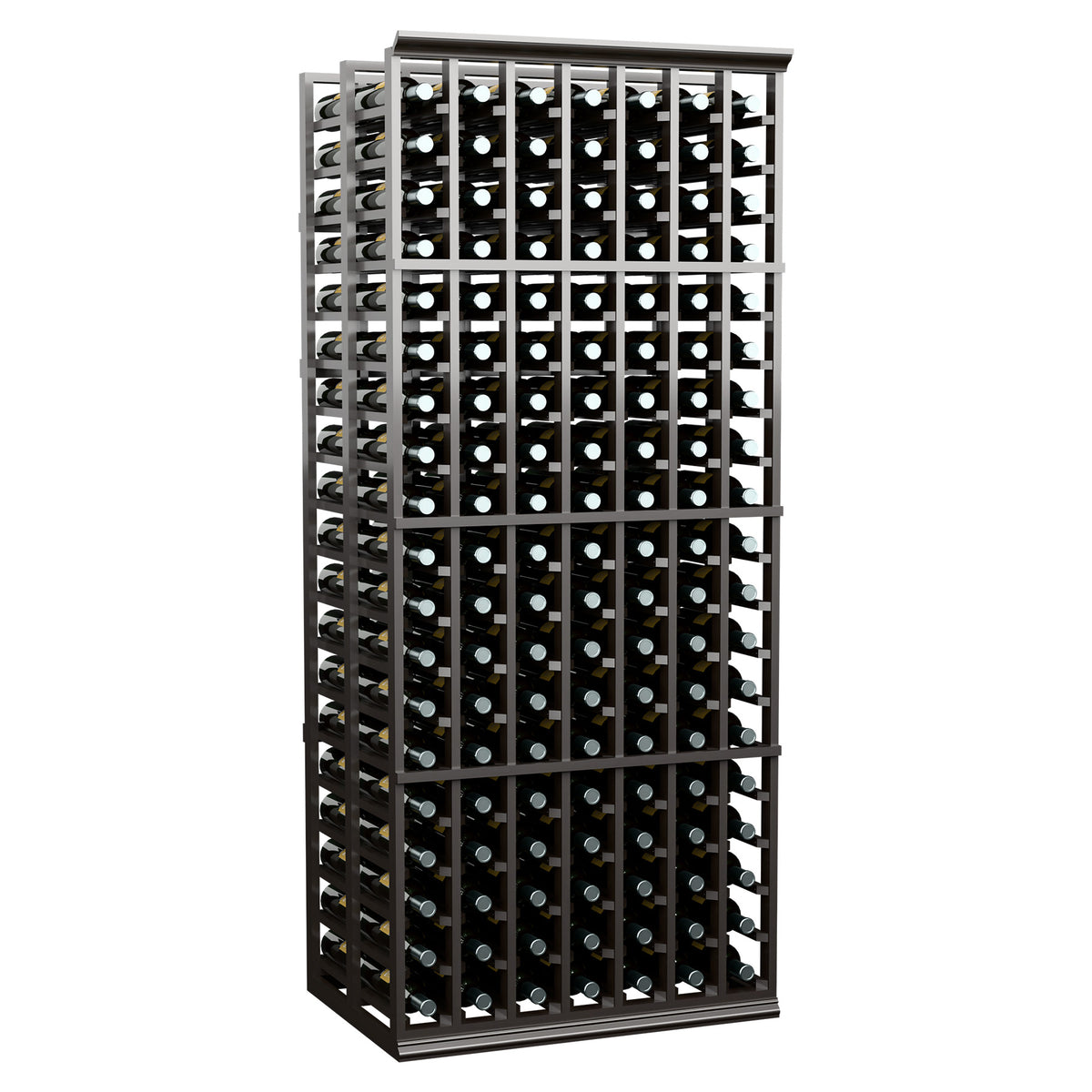 Dark wood double-deep wine bottle rack with many columns and bottle rows.
