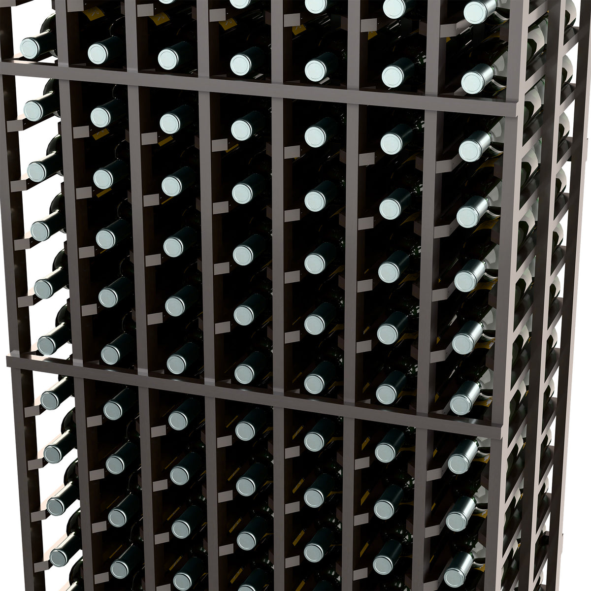 Dark wood wine rack close-up showing bottles aligned in stacked slot rows.