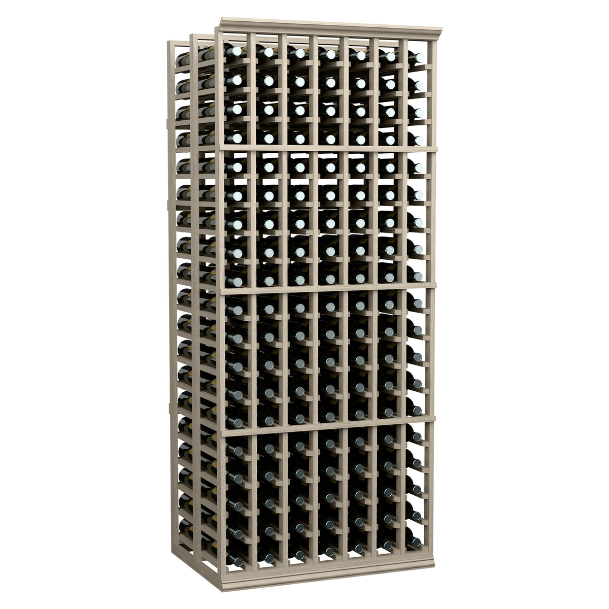 7-column double-deep wine rack, 6 ft tall, dark wood frame with bottle cubbies