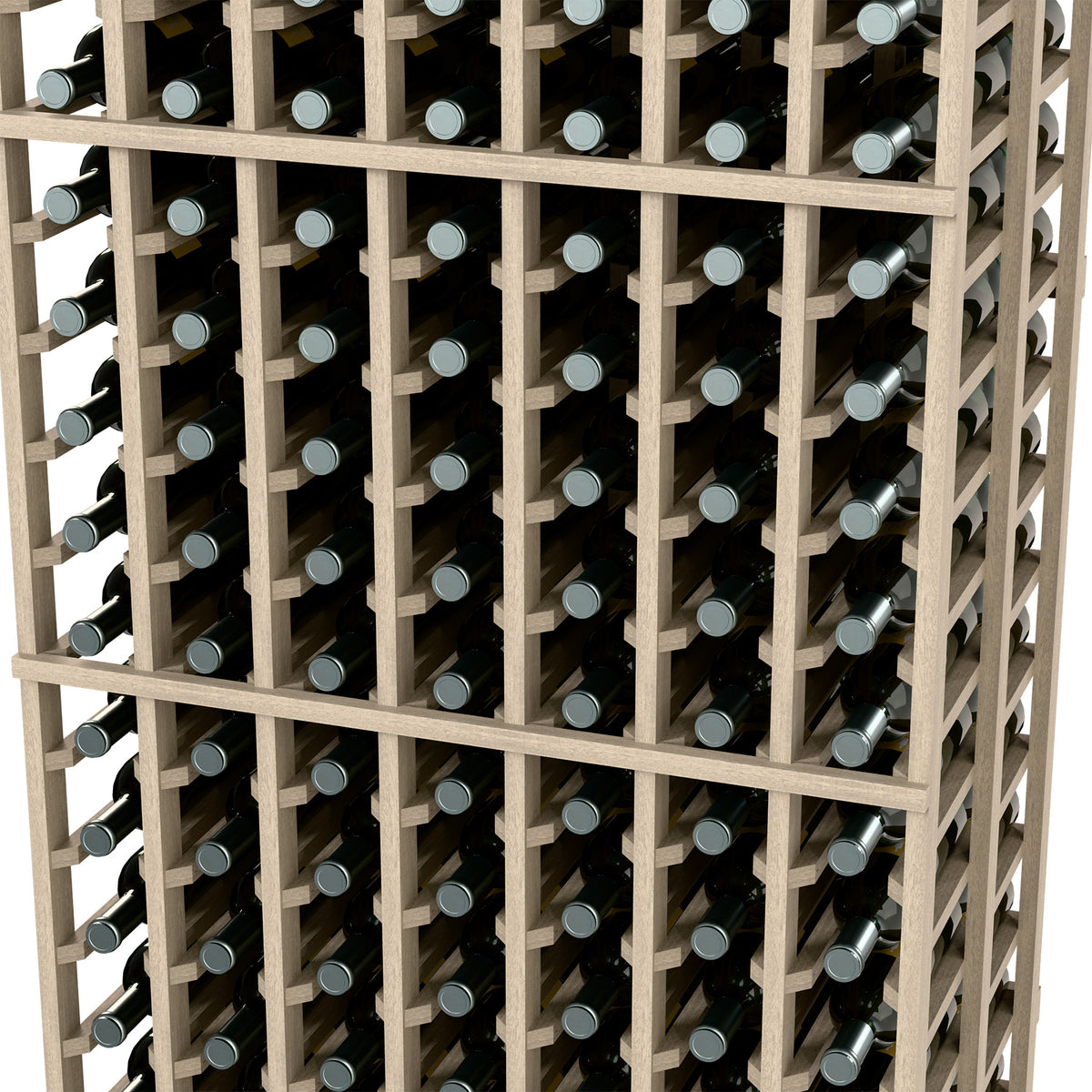 7-column double-deep wine rack close-up, dark wood frame with bottle rows