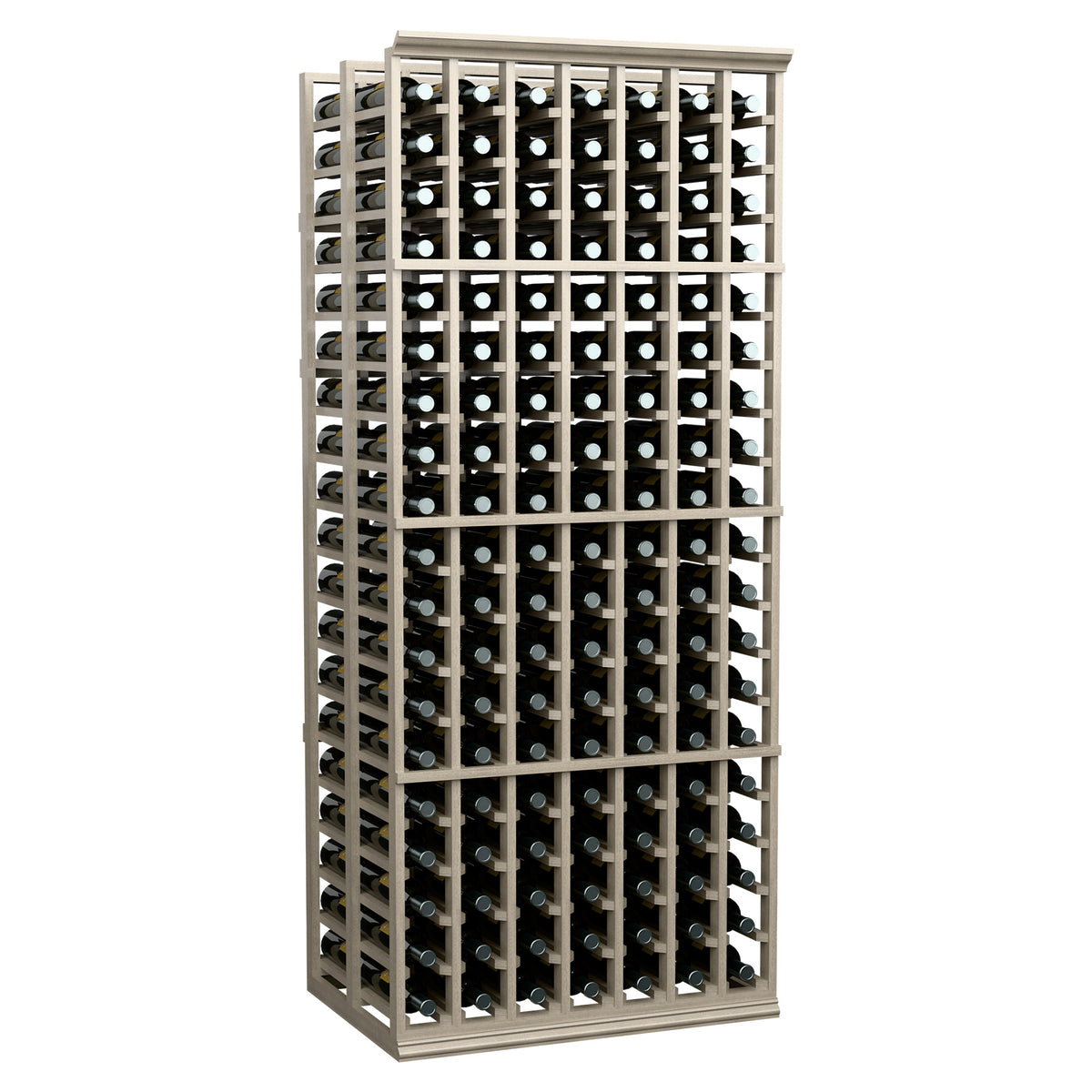 Front view of 7-column double-deep wine rack, 6 ft tall, dark wood bottle slots