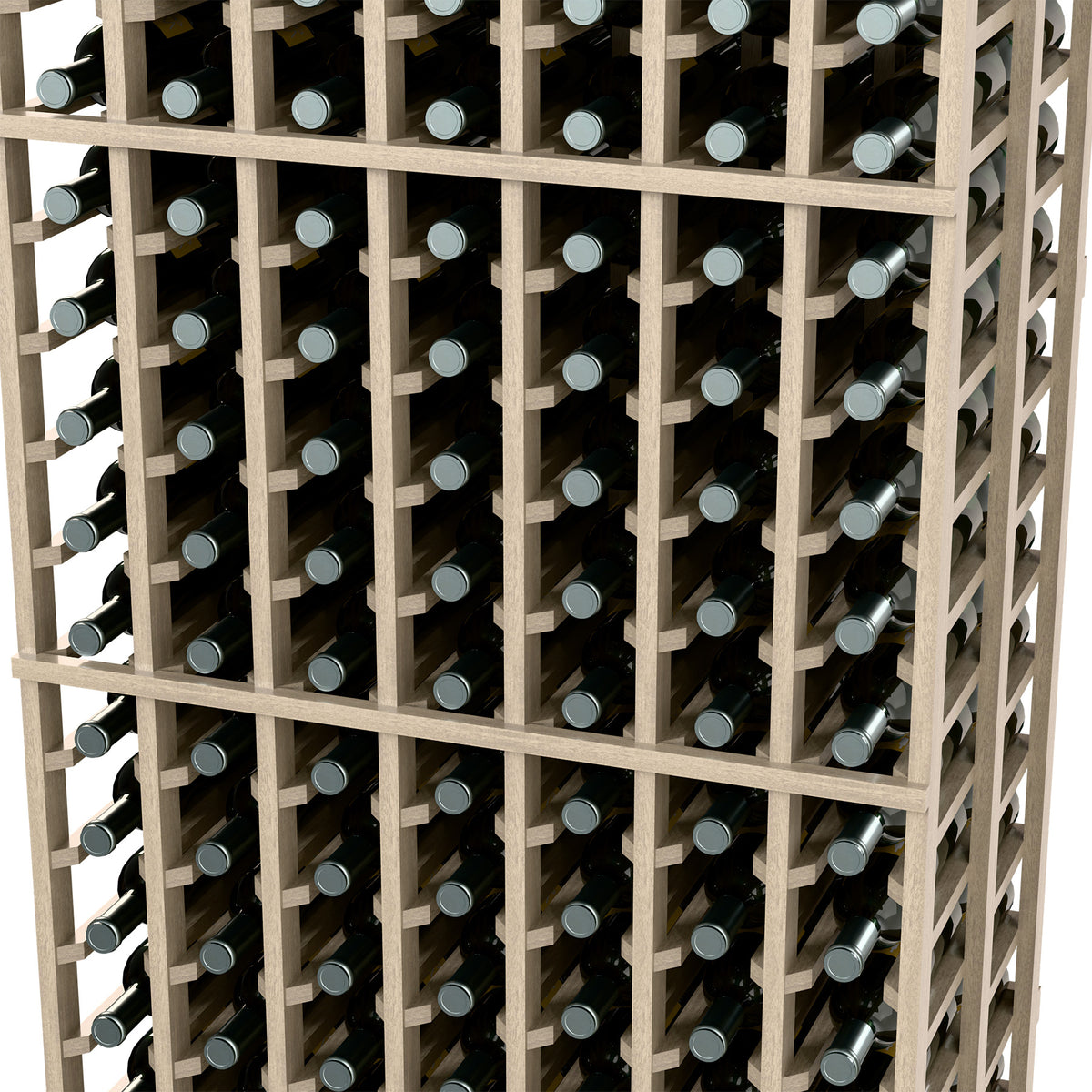 7-column double-deep wine rack close-up, dark wood frame with filled bottle rows