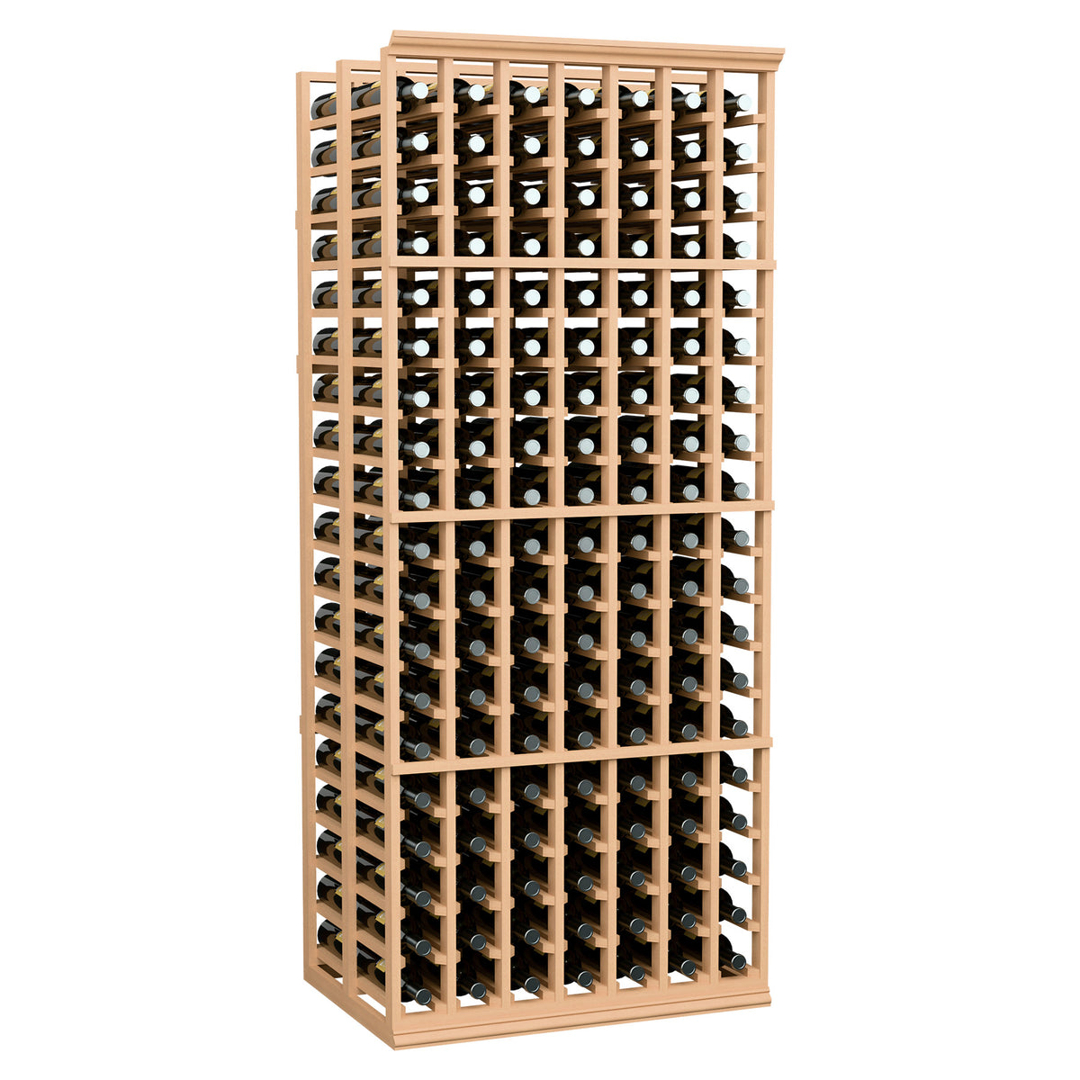 7-column double-deep wine rack, 6 ft tall, light wood frame with bottle cubbies
