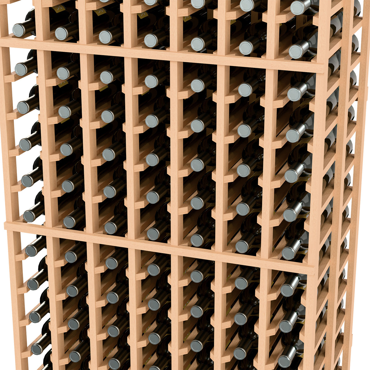 7-column double-deep wine rack close-up, light wood frame with bottle rows