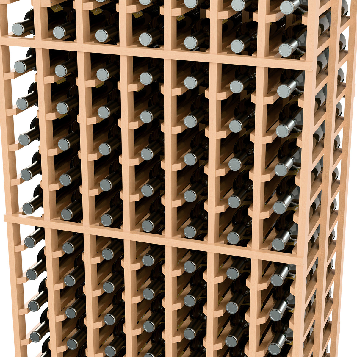 7-column double-deep wine rack close-up, light wood frame with filled bottle rows