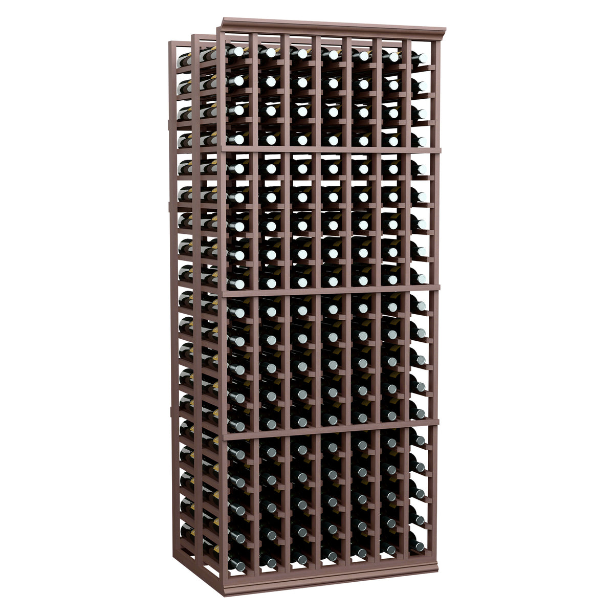 7-column double-deep wine rack, 6 ft tall, rich brown wood frame with bottle slots