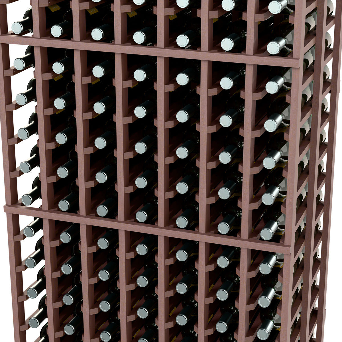 7-column double-deep wine rack close-up, rich brown wood frame with filled bottle rows