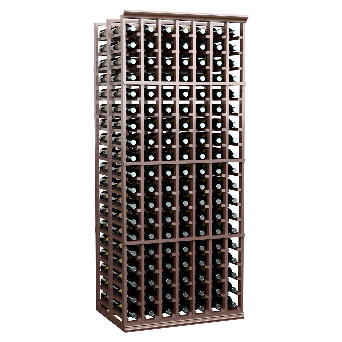 Dark brown wooden double-deep wine bottle rack with front lattice and bottle slots