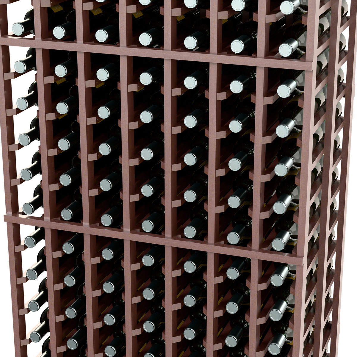 Close-up of dark brown wine bottle rack lattice holding bottles in double-deep rows