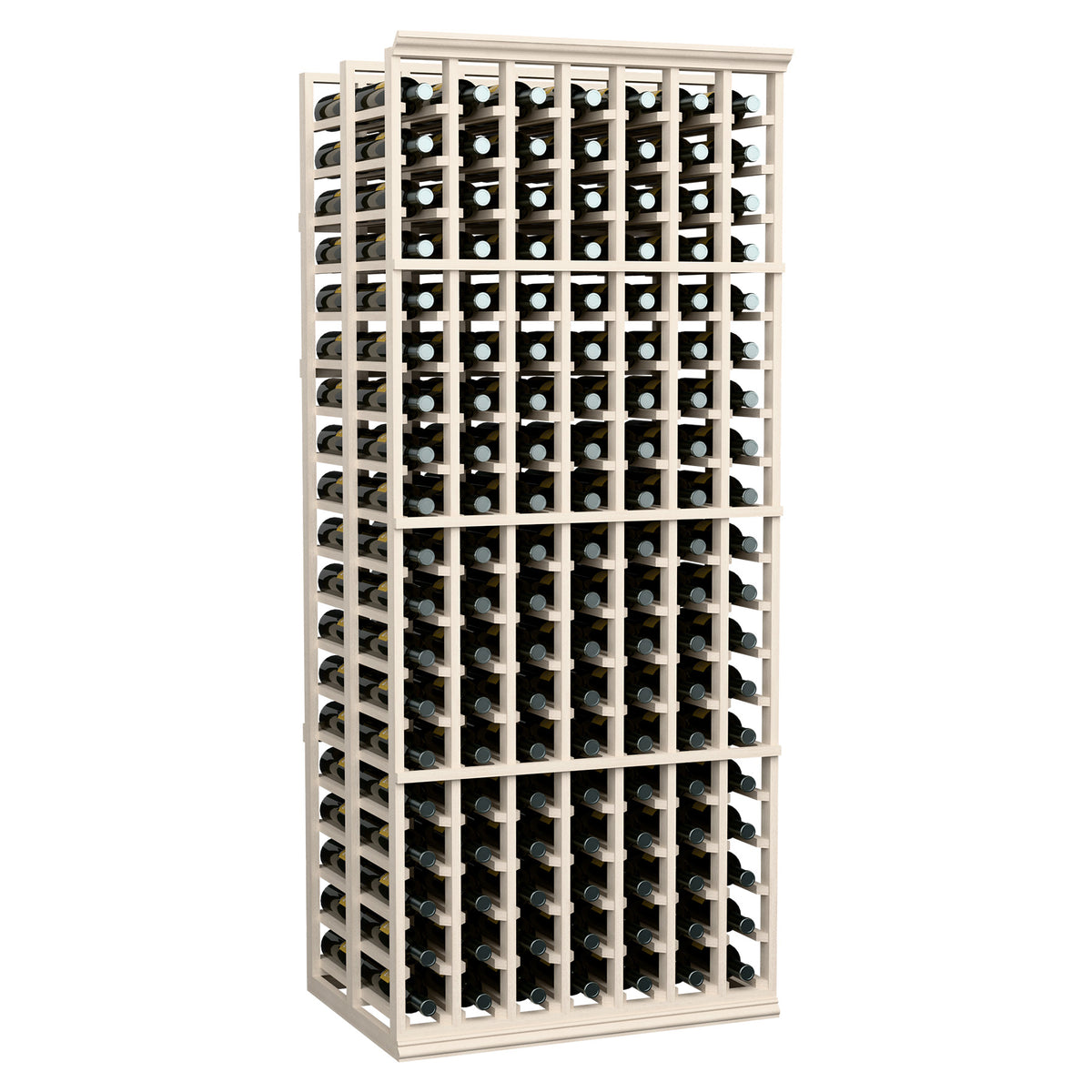 White wine bottle rack with front lattice and bottle compartments, double-deep style