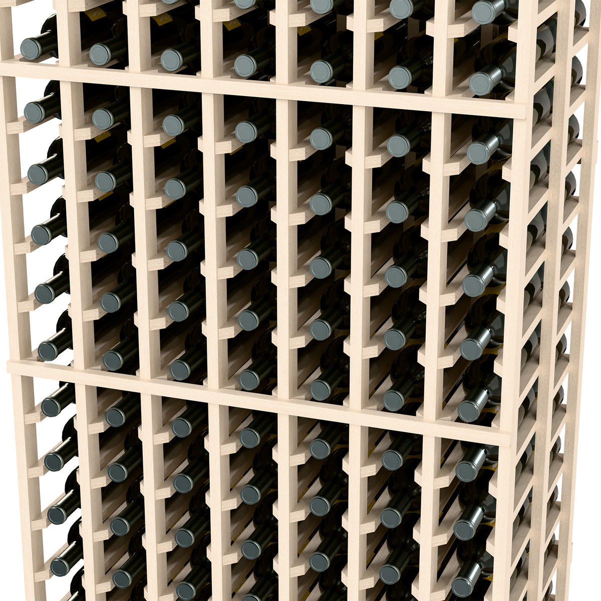 Close-up of white wine bottle rack lattice holding bottles in double-deep rows