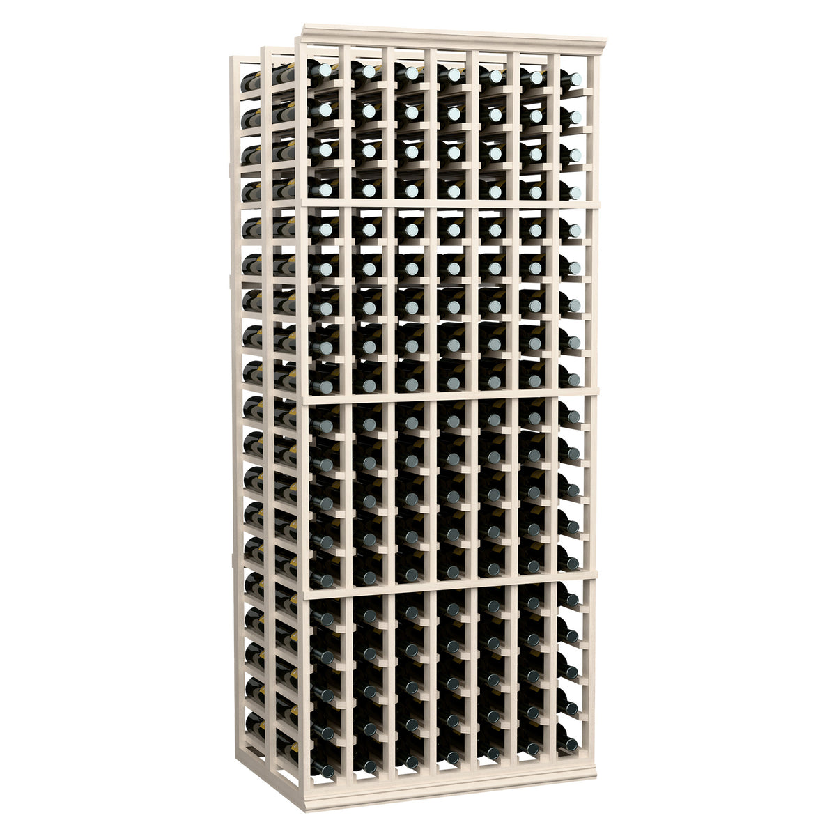 White wooden double-deep wine bottle rack with front lattice and bottle slots