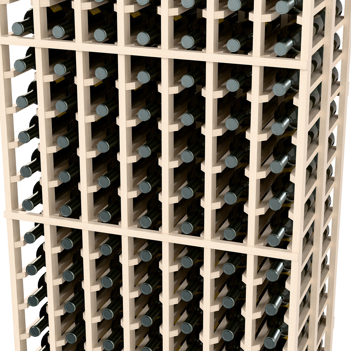 Close-up of white wine bottle rack lattice with bottle compartments in double-deep rows
