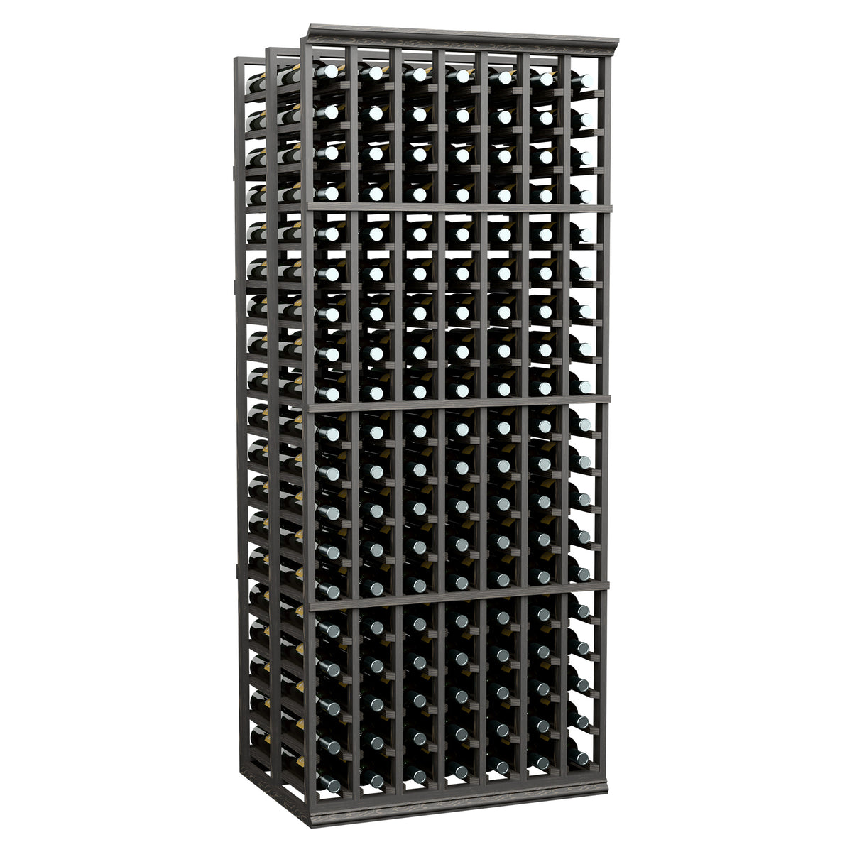 Black 7-column double-deep wine bottle rack with grid holding many bottles