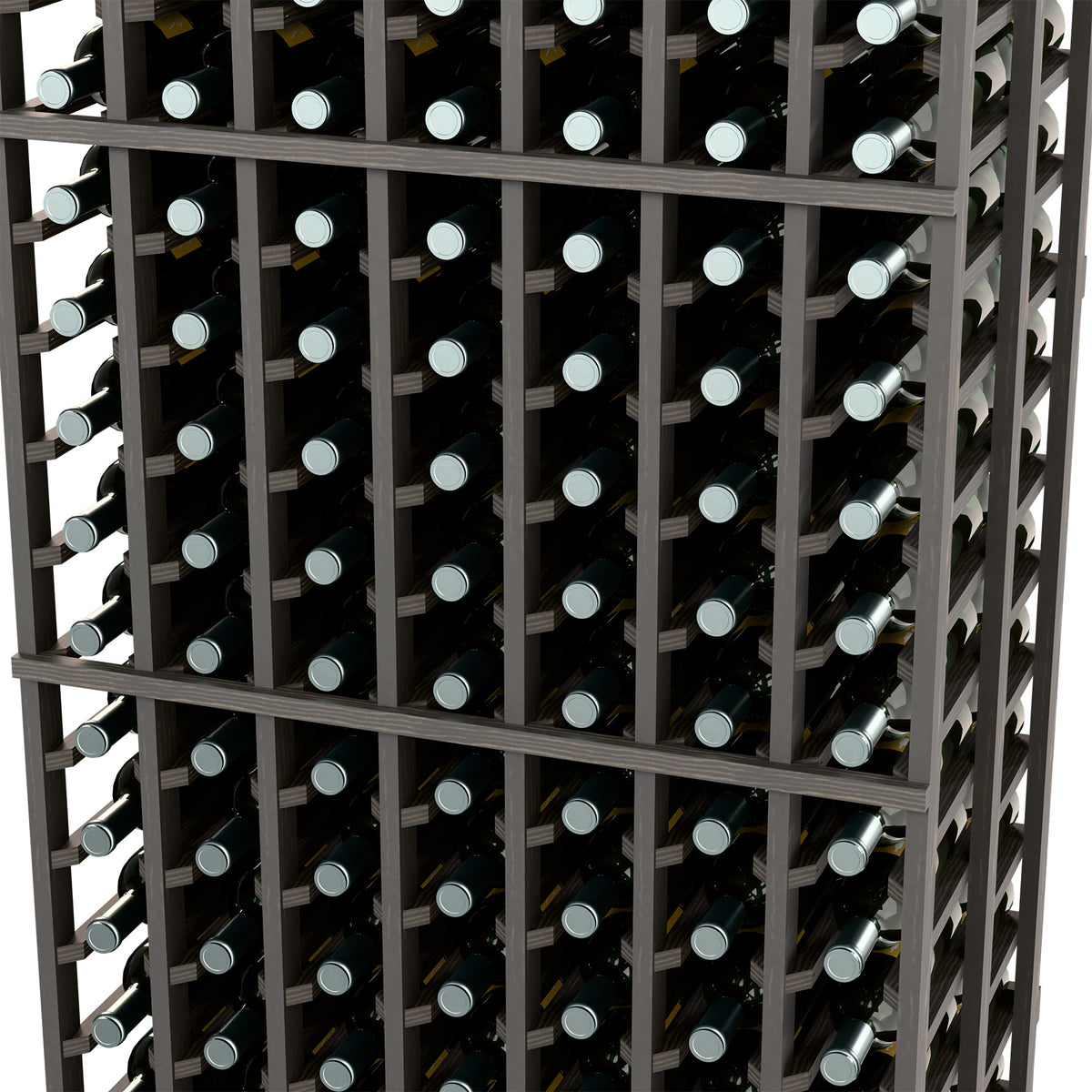 Black double-deep wine bottle rack interior with rows of bottles in wooden frame