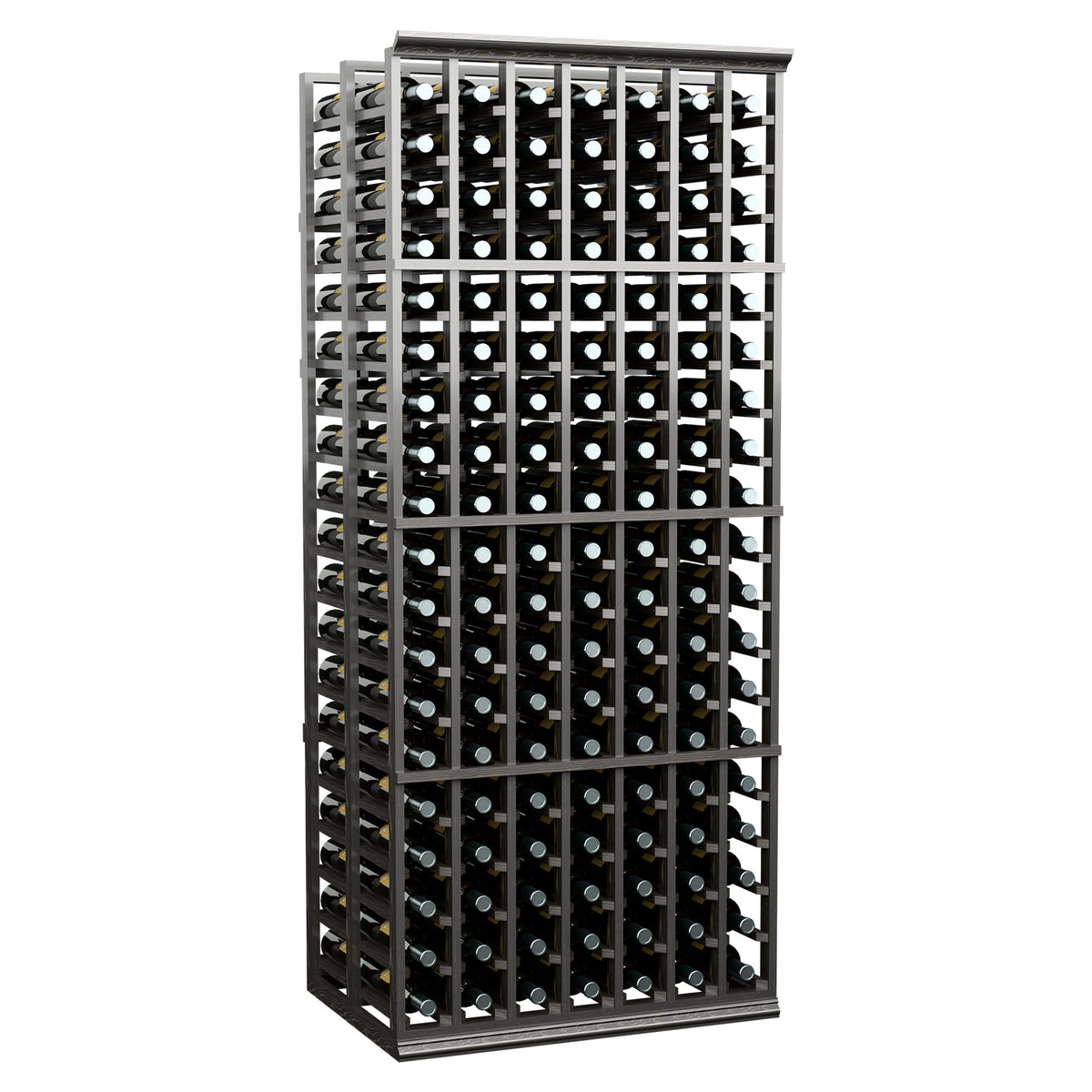 Black 7-column double-deep wine bottle rack with bottles across multiple rows
