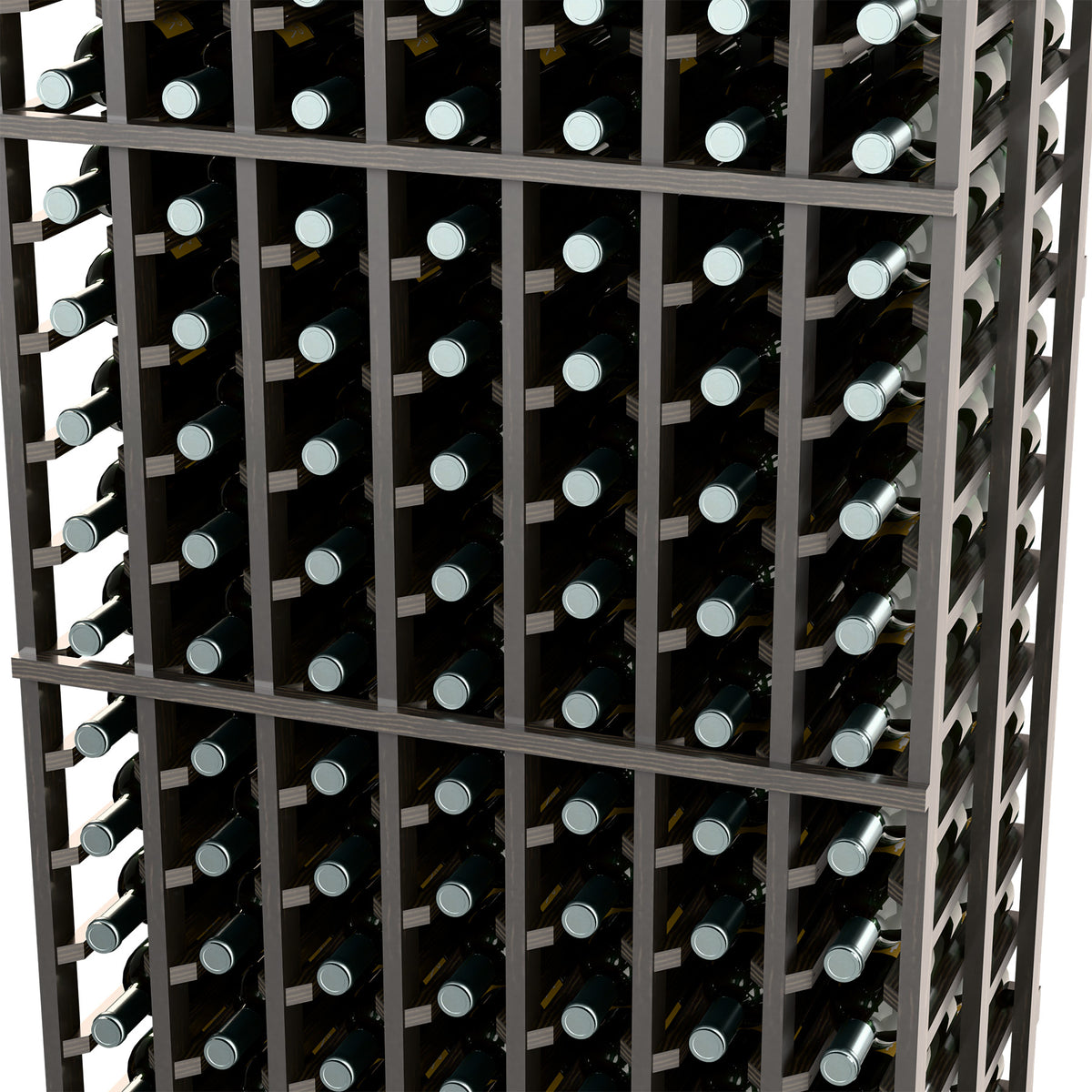 Black double-deep wine bottle rack interior close-up with bottle rows and dividers