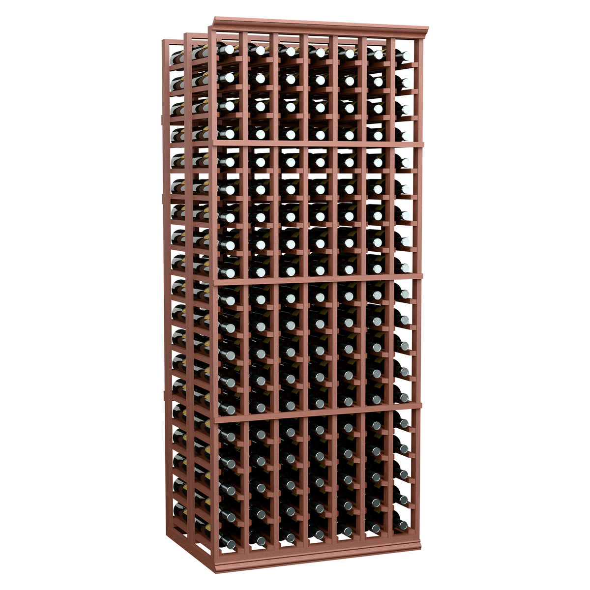 Brown 7-column double-deep wine bottle rack with wine bottles in neat rows
