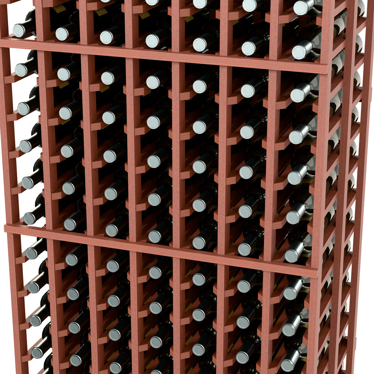 Brown double-deep wine bottle rack interior with bottles in wooden grid