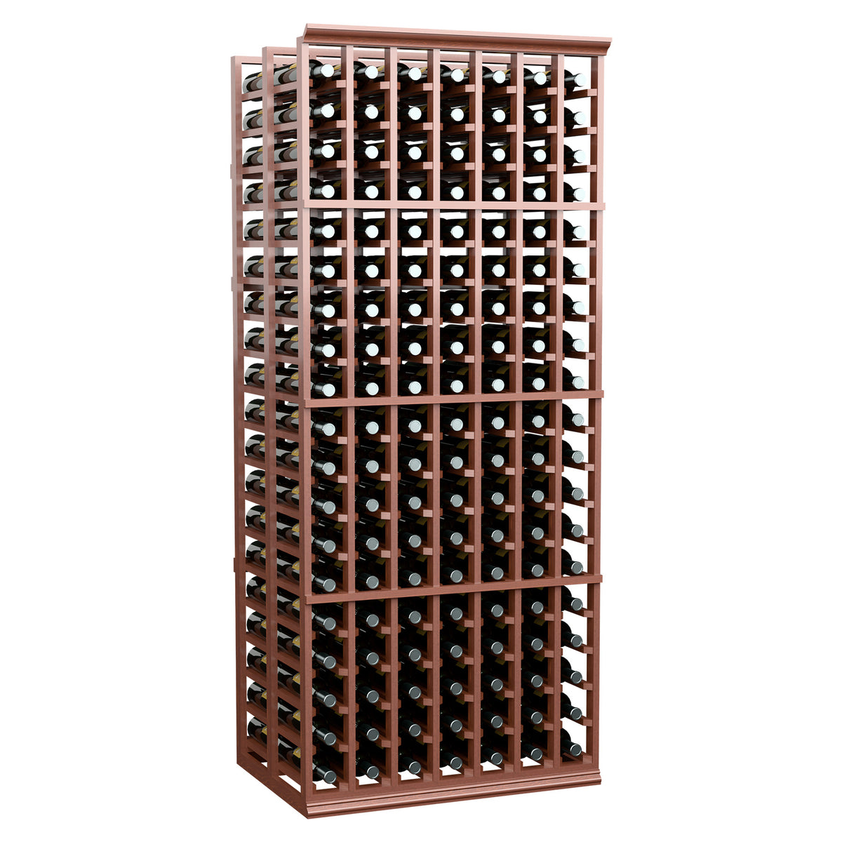 Brown 7-column double-deep wine bottle rack with side frame and bottle rows