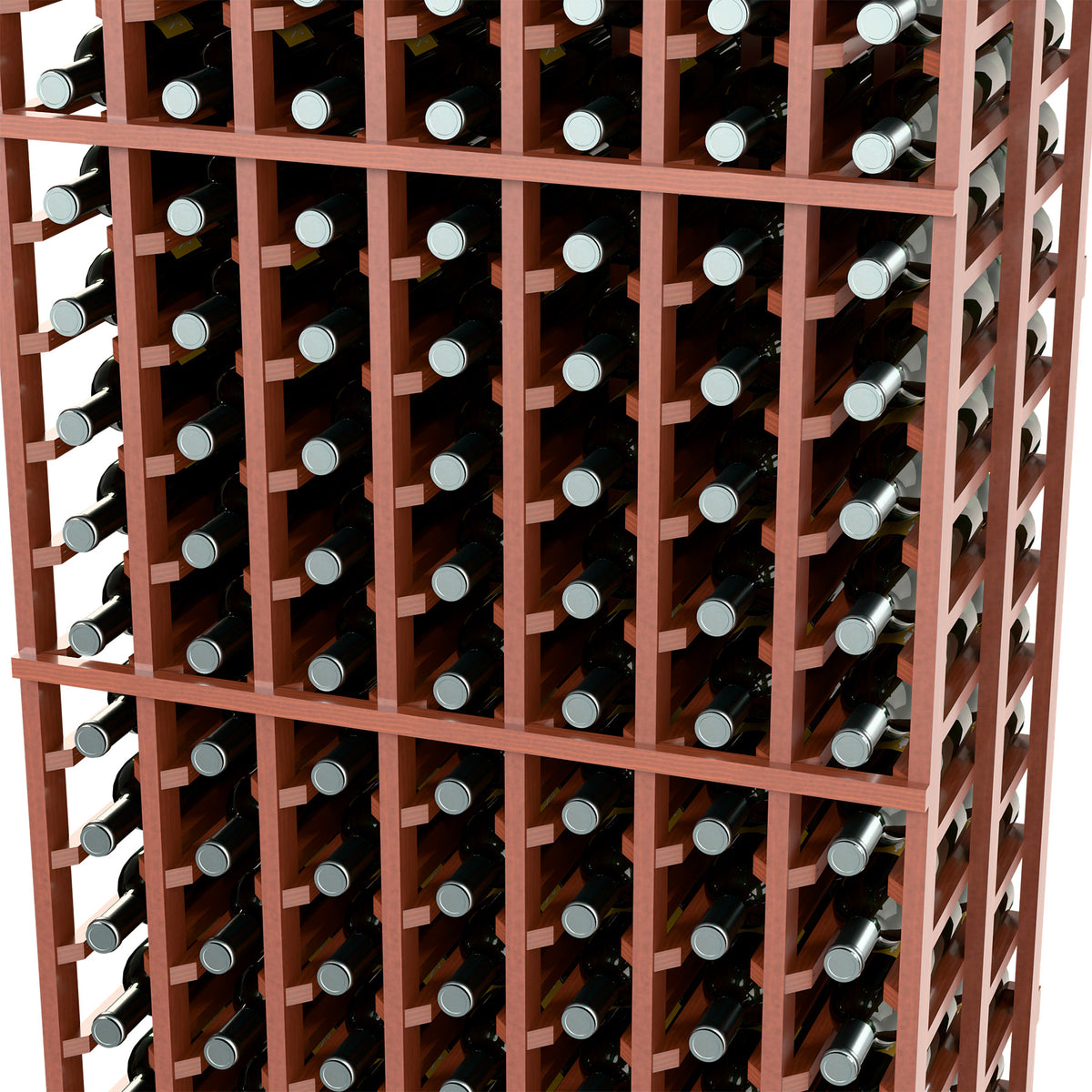 Brown double-deep wine bottle rack interior close-up with rows of bottles